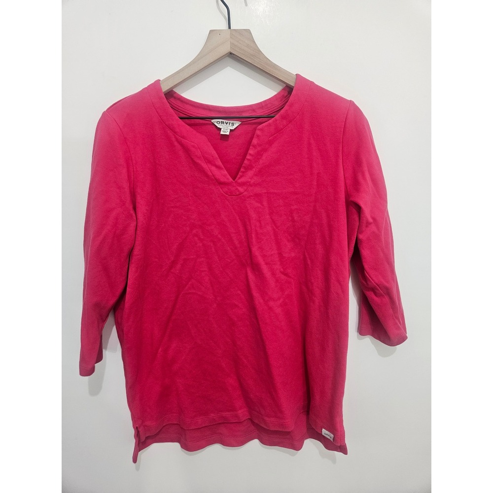 Orvis Women Raspberry Pink 100% Pima Cotton 3/4 Sleeve‎ Notch V-Neck Top Large
